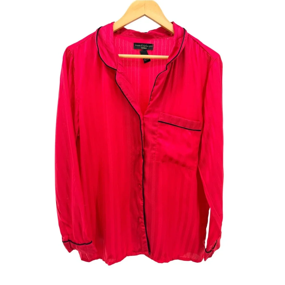 House of Harlow 1960 Red Satin Shadow Stripe Pajama Set Large Button Down Pants